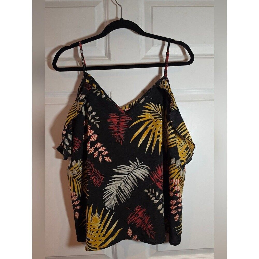 Shein Curve Black Tropical Print Cold-Shoulder Top 1XL